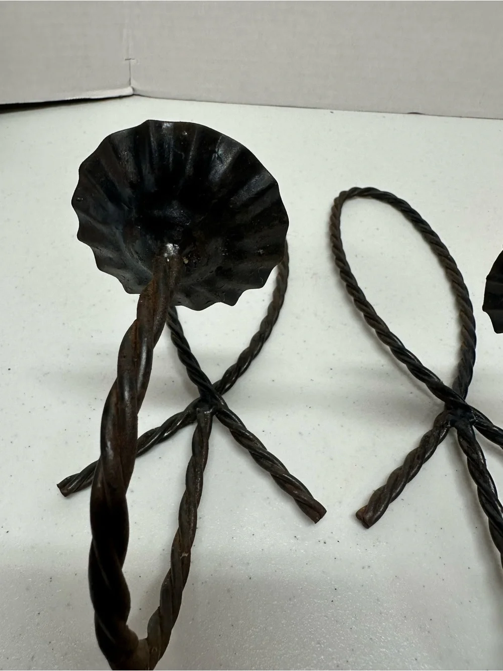 Vintage Wrought Iron Wall Candle Sconces Pair Twisted Metal Rustic Gothic 12”